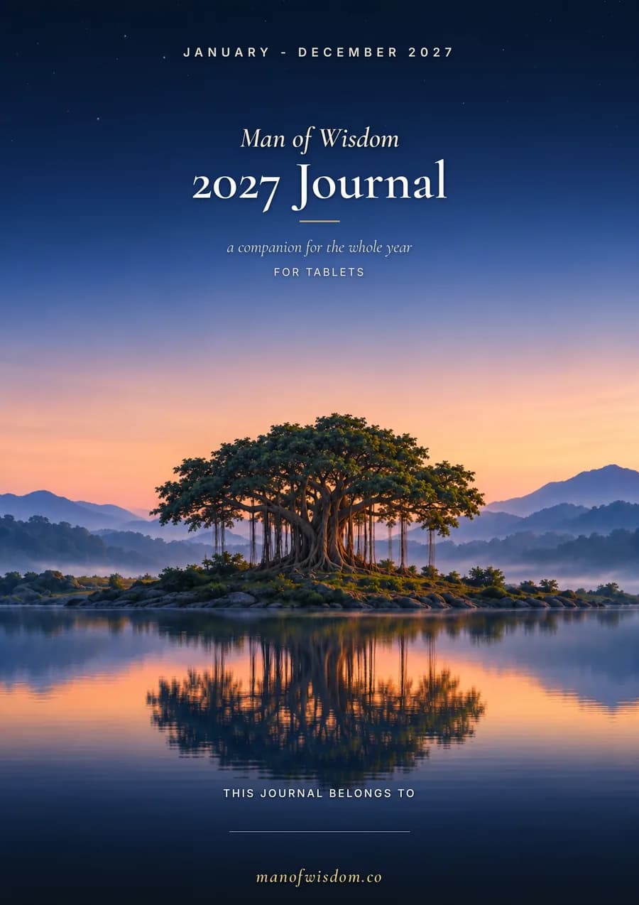 Cover of the Man of Wisdom 2027 Journal, a banyan tree on an island at dusk